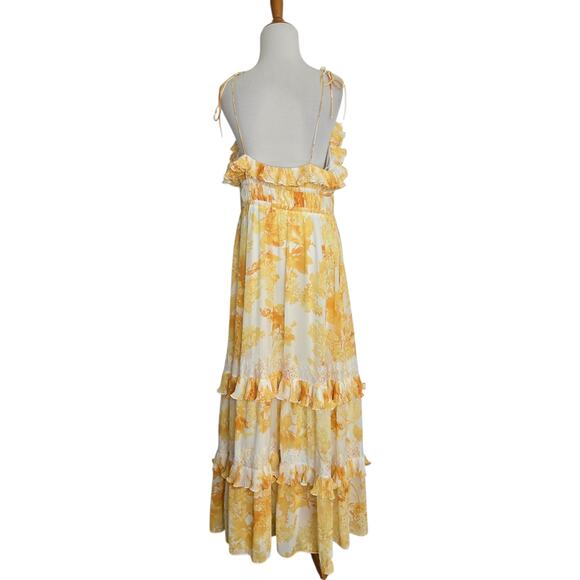 Anthropologie BHLDN Ava Yellow Ruffle Maxi Dress Chiffon Lace Women Large - Picture 4 of 15